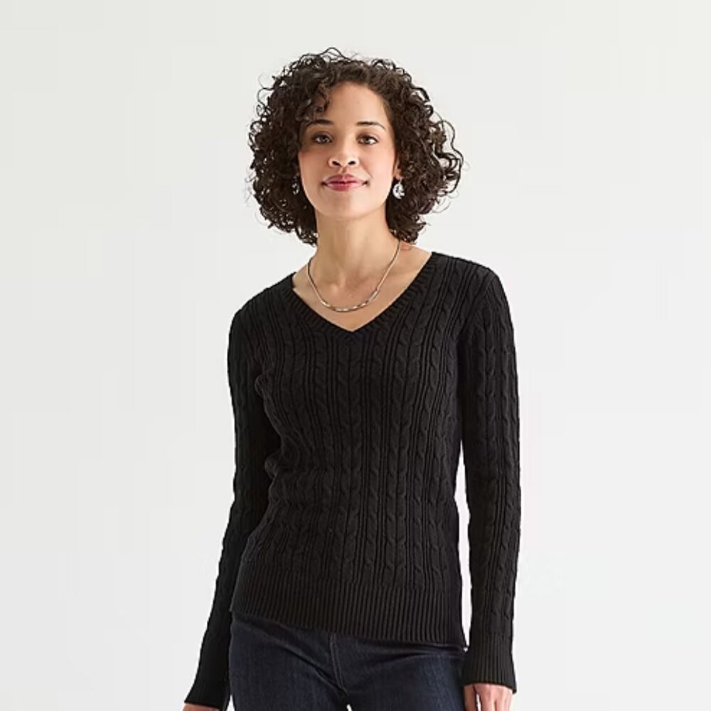 NWT St. John's Bay Womens V Neck Long Sleeve Cable Knit Pullover Sweater, Large
